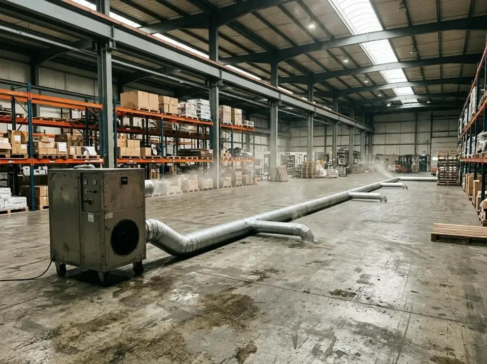 Desiccant Dehumidifier — Industrial Warehouse — Desiccant Dehumidifier, Flexible Ducting, Warehouse Racks, Industrial Wareho…