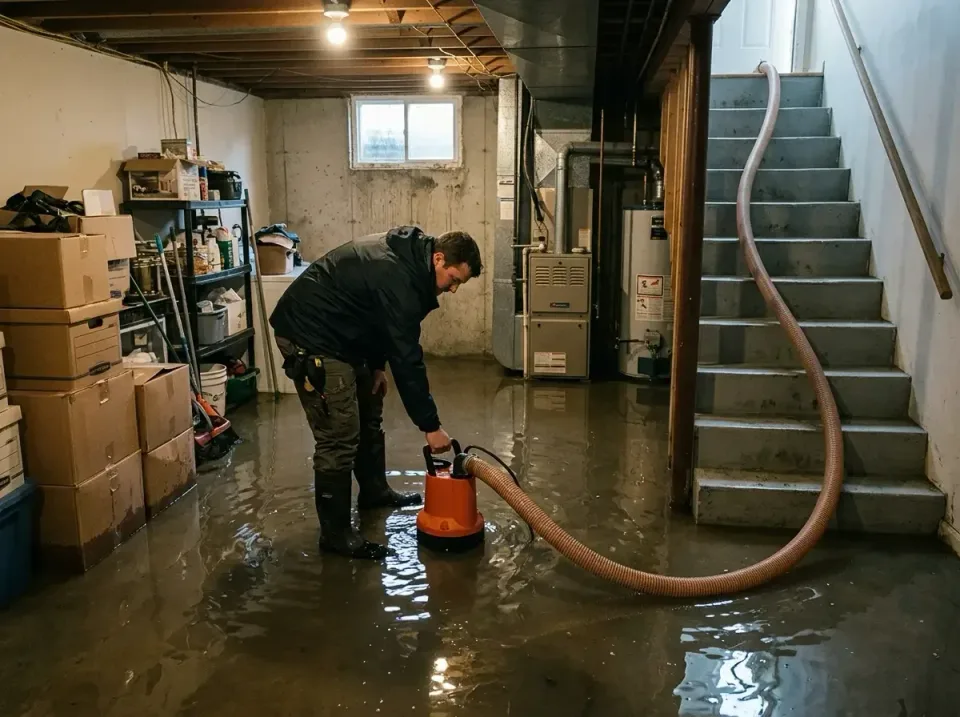 Submersible Pump — Flooded Basement — Submersible Pump, Extraction Hose, Technician, Flooded Basement, Emergency Water Extra…