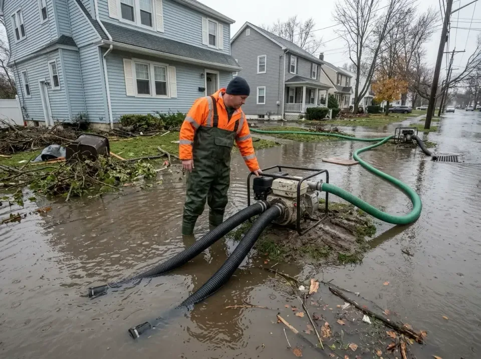 Water Pump — Residential Neighborhood — Water Pump, Suction Hose, Discharge Hose, Residential Neighborhood, Emergency Water…